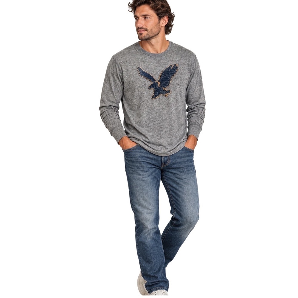 American Eagle Mens Athletic Fit Long Sleeve T-Shirt Gray Large Applique Eagle